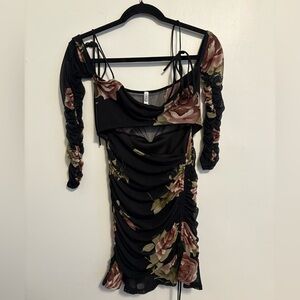 Floral Ruched Black Dress